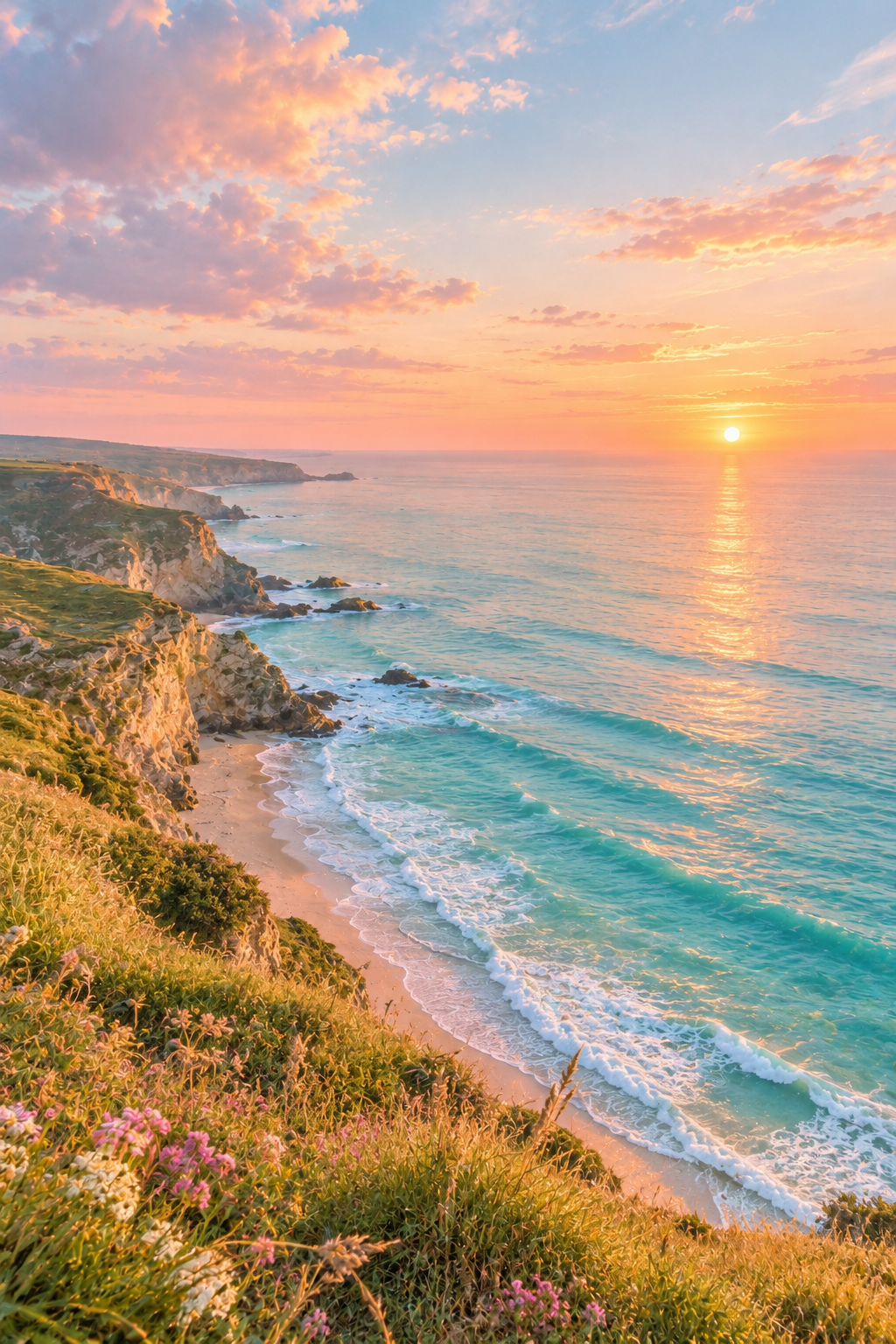 Dreamy pastel coastal sunset wallpaper with soft pink and lavender waves