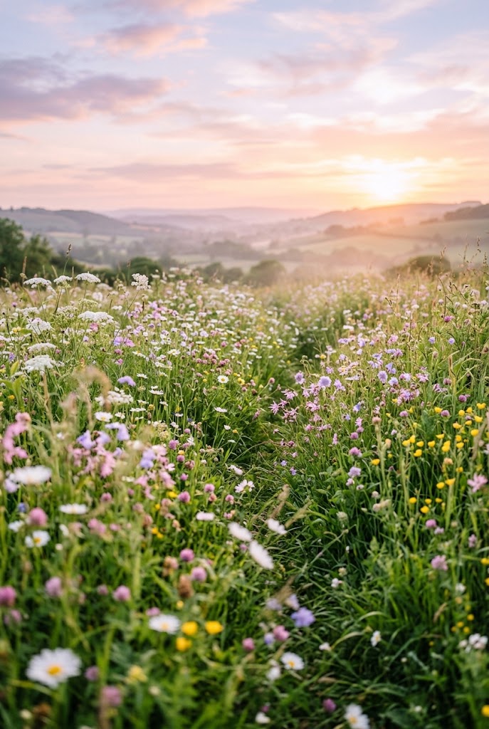 Magical wildflower meadow with soft pastel sunset sky backdrop