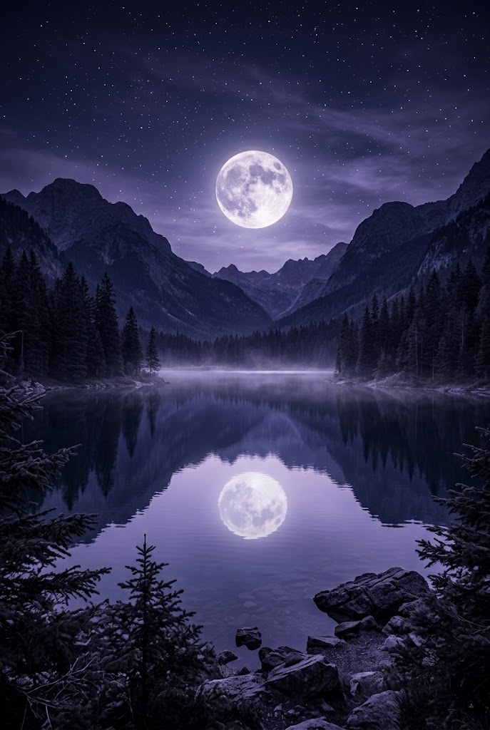 Moonlit mountain lake wallpaper with full moon reflection on calm water