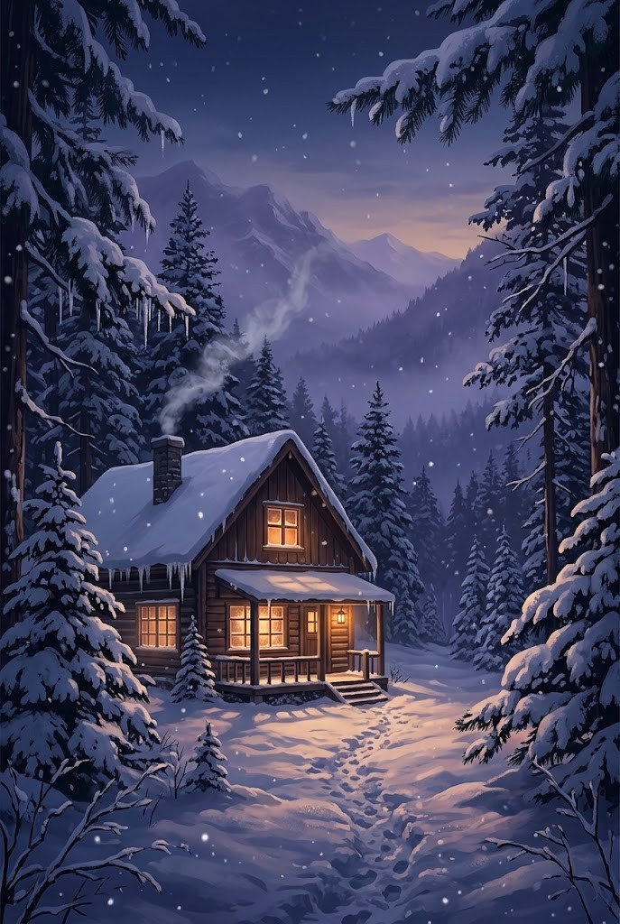 Cozy winter cabin in snowy pine forest twilight anime wallpaper background