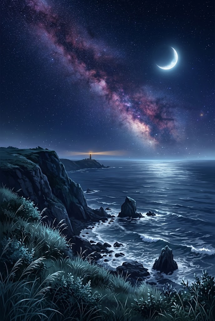 Dramatic coastal cliff beneath Milky Way night anime wallpaper background
