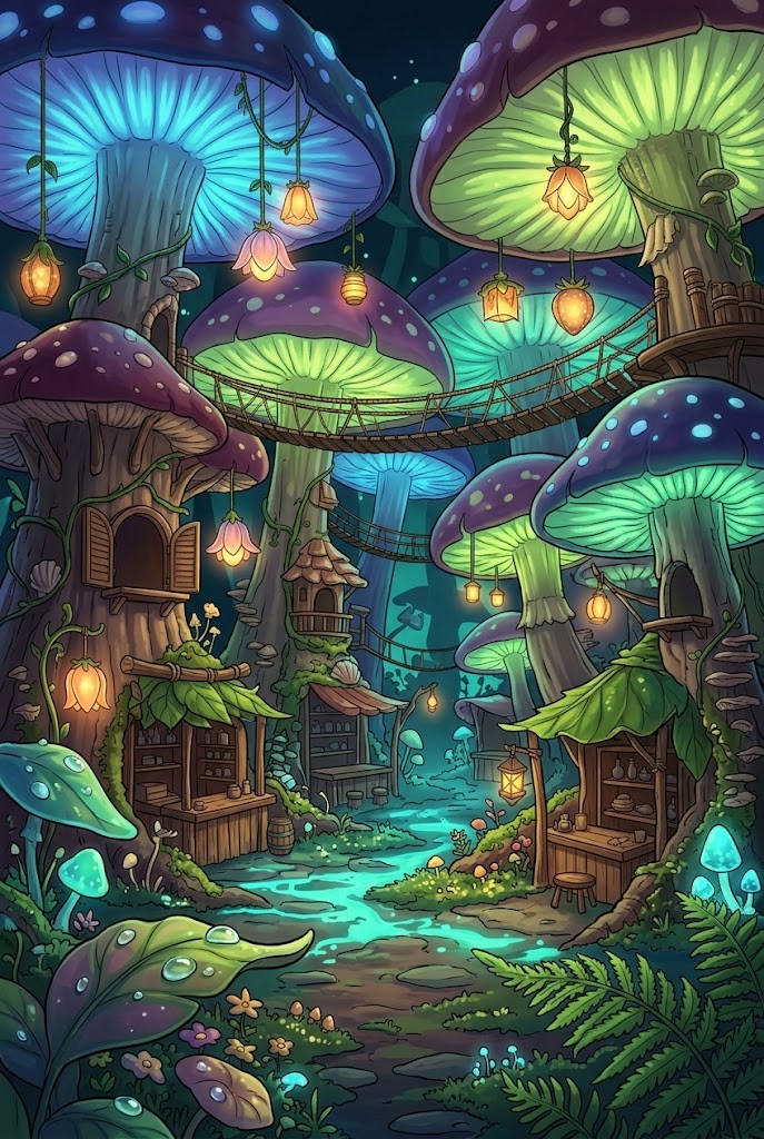 Fantasy glowing mushroom market in enchanted forest anime wallpaper background