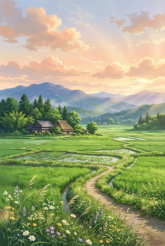 Japanese countryside rice fields anime wallpaper background phone aesthetic