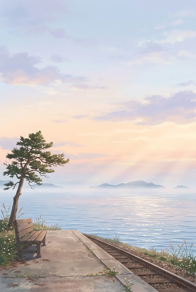 Minimalist coastal train station sunrise anime wallpaper background
