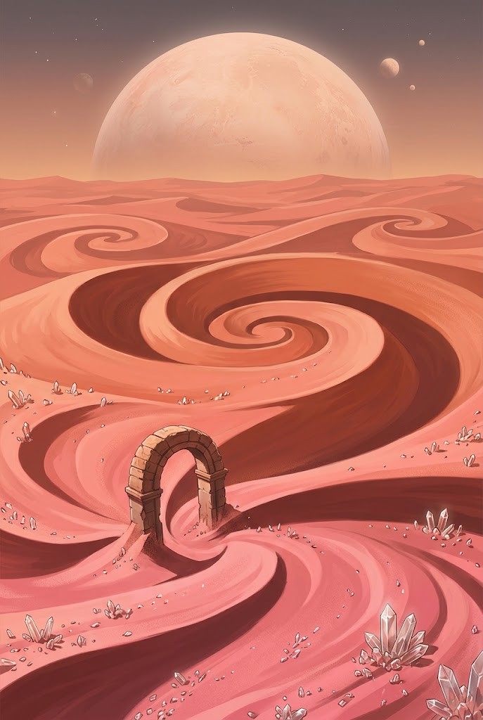 Surreal pink sand desert spiral dunes anime wallpaper background