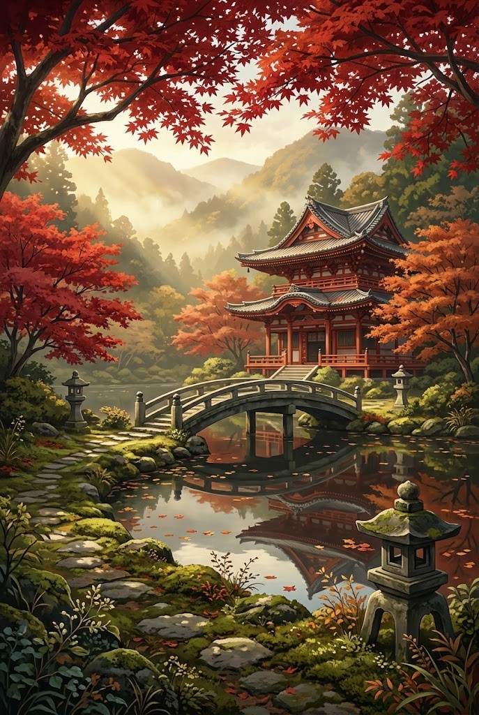 Traditional Japanese autumn temple pond anime wallpaper background