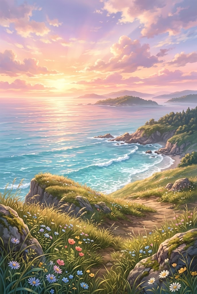 Anime sunset on coastal cliff with wildflowers overlooking ocean view wallpaper