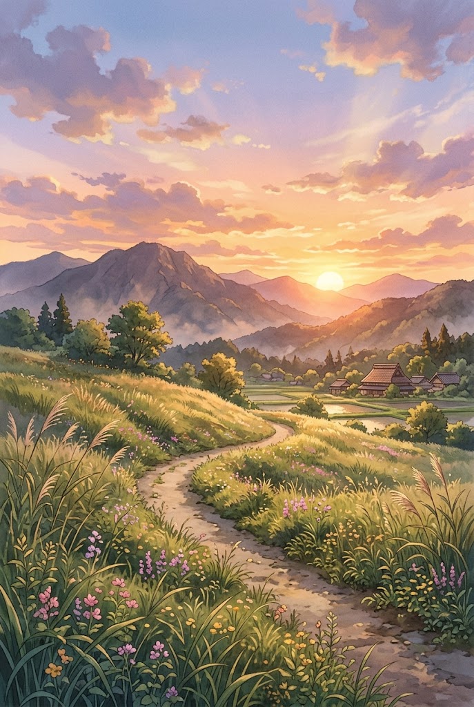 Cinematic anime countryside scenery with green hills and telephone poles wallpaper