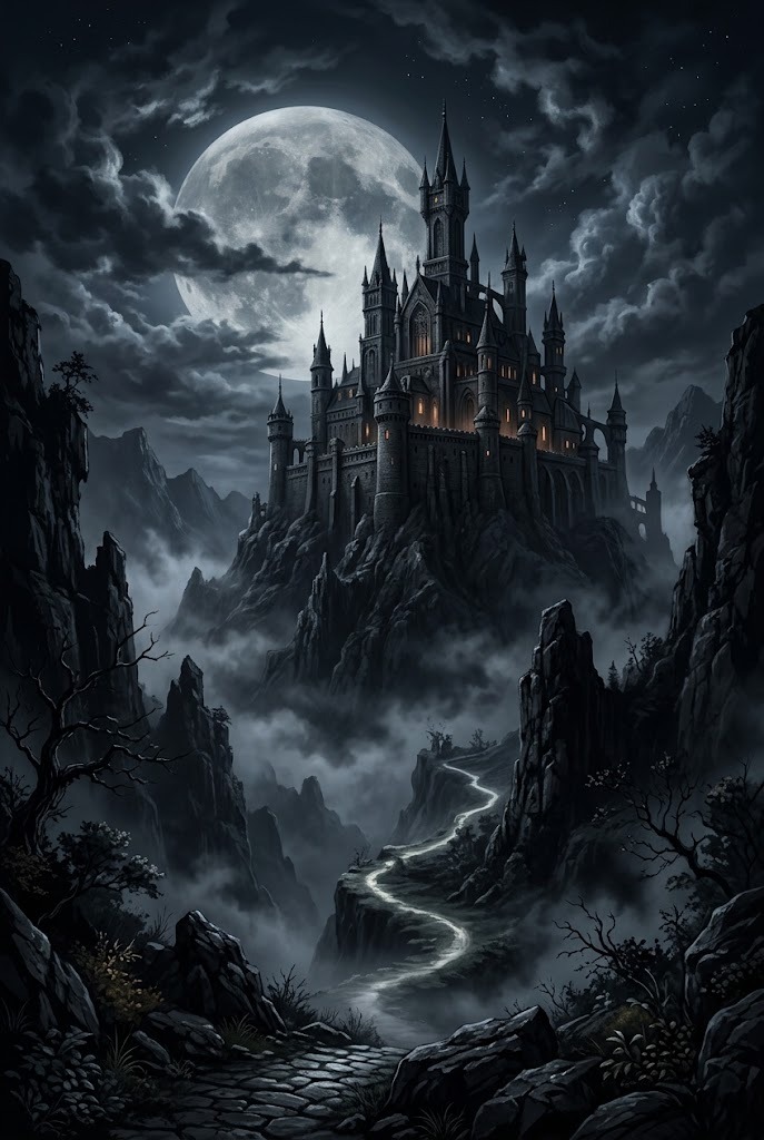 Dark academia gothic castle moonlight fantasy wallpaper aesthetic background