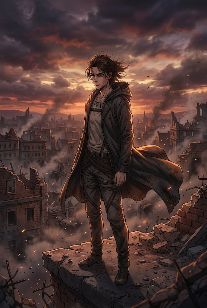 Eren Yeager dusk ruined city anime wallpaper