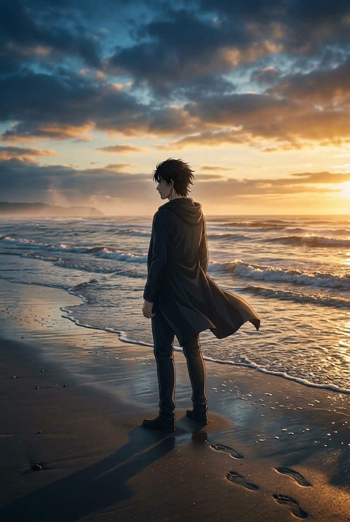 Eren Yeager ocean beach sunset anime aesthetic wallpaper