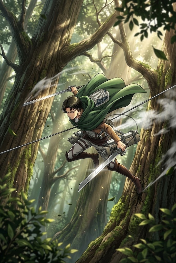 Levi Ackerman ODM gear forest action anime aesthetic wallpaper
