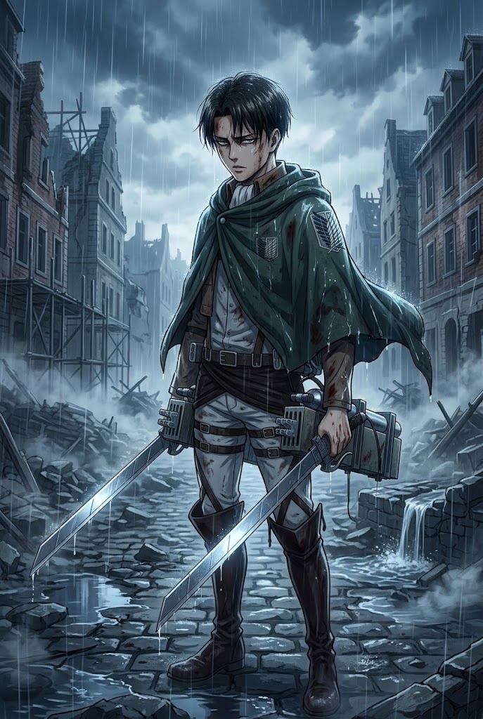 Levi Ackerman rain battle anime wallpaper with moody lighting