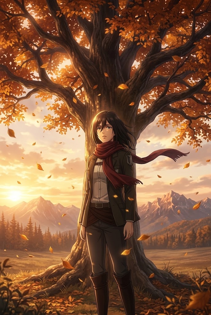 Mikasa Ackerman autumn tree sunset anime aesthetic wallpaper