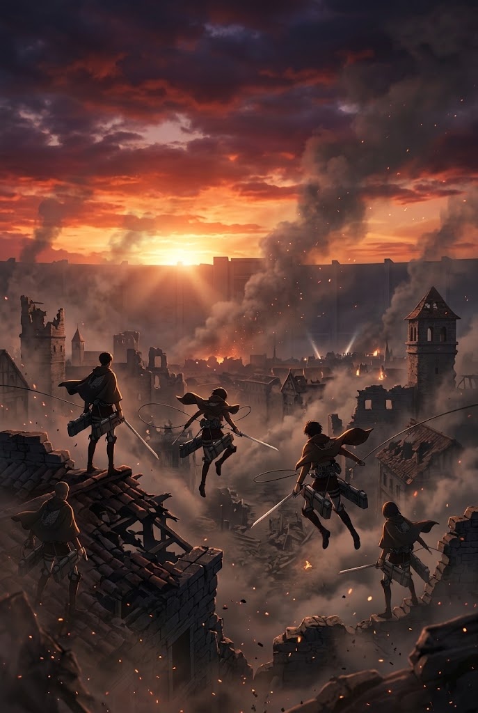 Survey Corps battlefield sunset city AOT aesthetic wallpaper