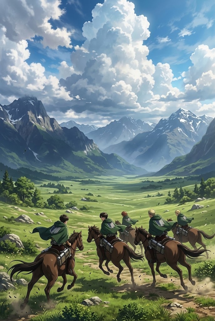 Survey Corps horses valley mountains AOT aesthetic wallpaper