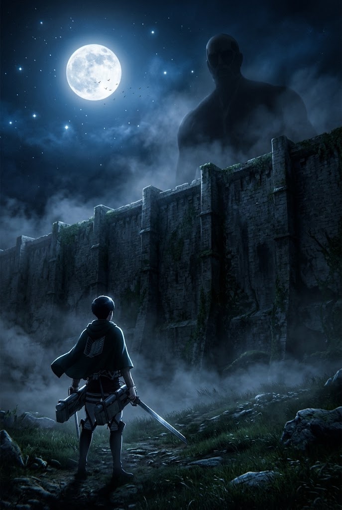 Survey Corps wall titan night moonlight AOT aesthetic wallpaper