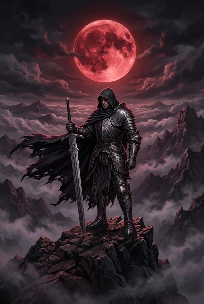 Dark fantasy knight silhouetted against crimson red moon wallpaper