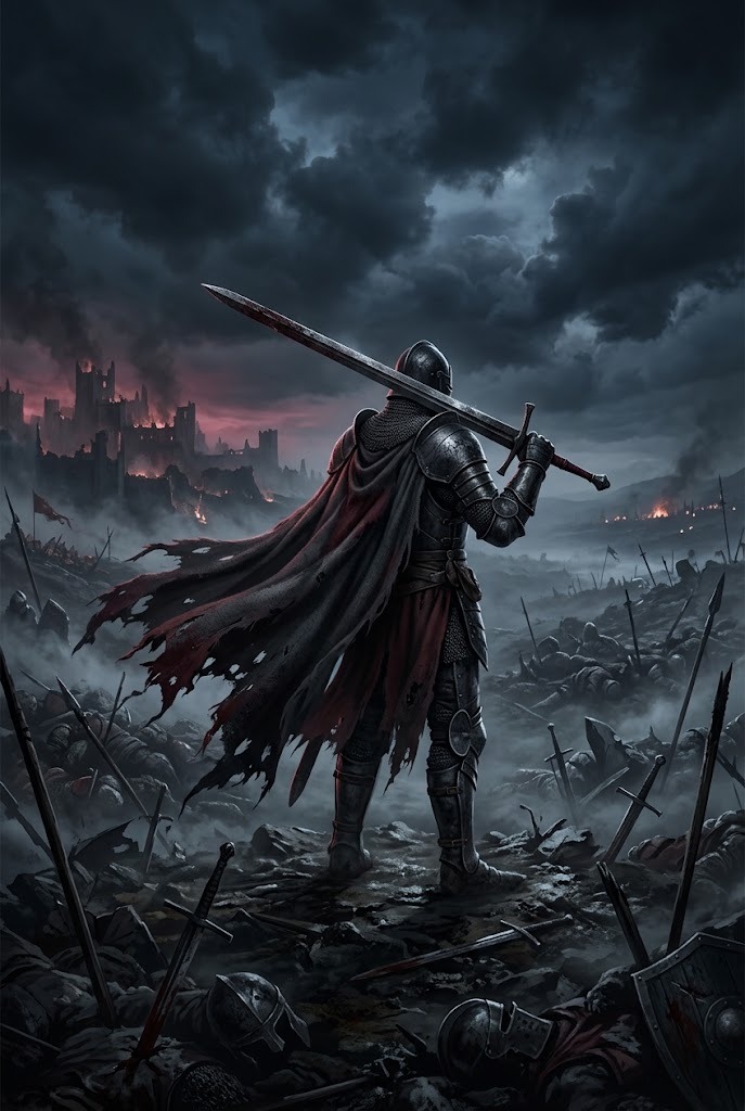 Dark knight of the ruined realm standing amidst fallen stone wallpaper