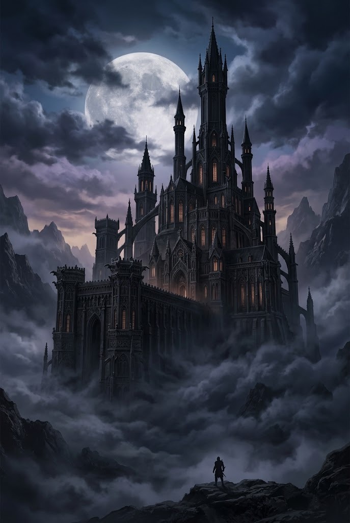 Gothic castle dark fantasy aesthetic wallpaper 4K with lightning flashes