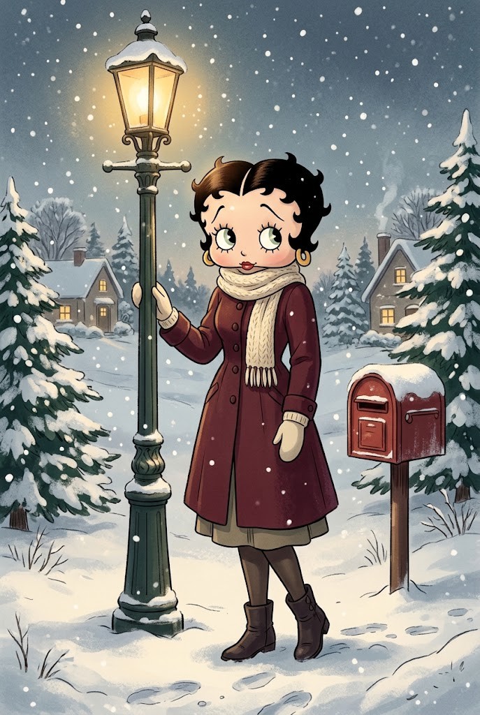 Betty Boop cozy winter snow wallpaper with velvet fur coat