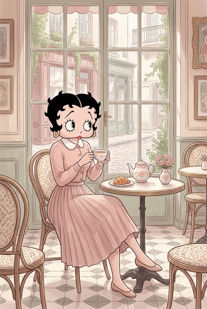 Betty Boop pastel Parisian cafe wallpaper with flowers