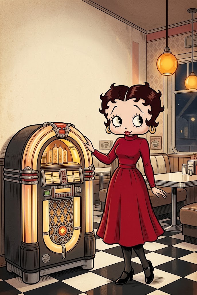Betty Boop retro diner wallpaper with neon signs and checkered floor