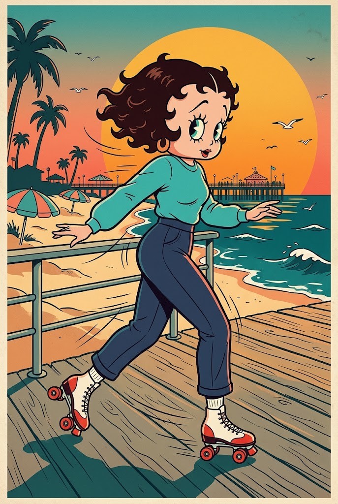 Betty Boop retro seaside roller skating wallpaper at sunset