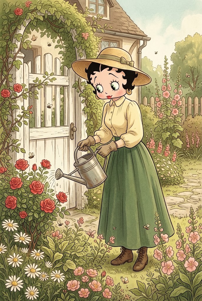 Betty Boop vintage rose garden botanical wallpaper with parasol