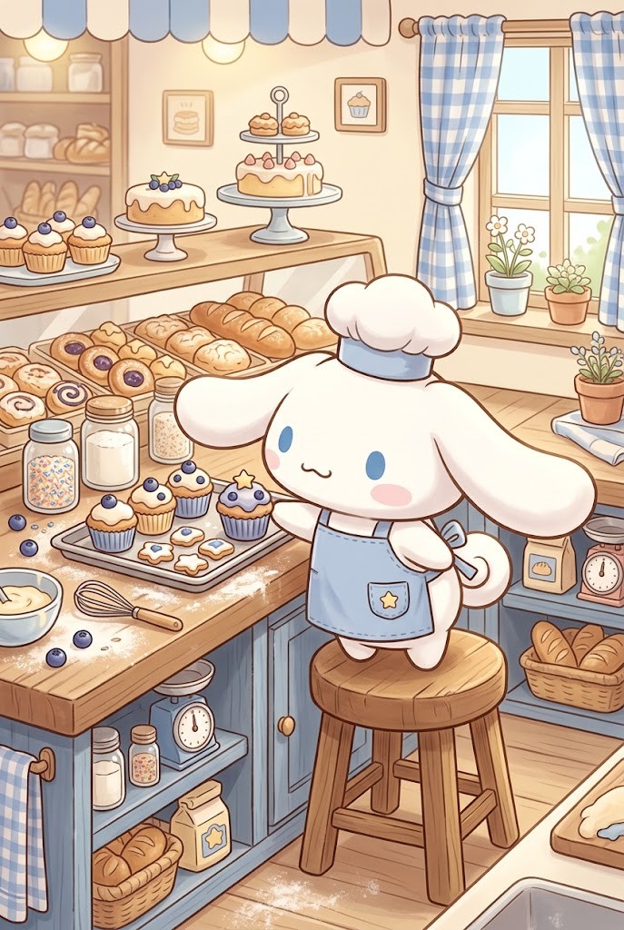 Cinnamoroll blueberry bakery wallpaper with warm pastries and cakes
