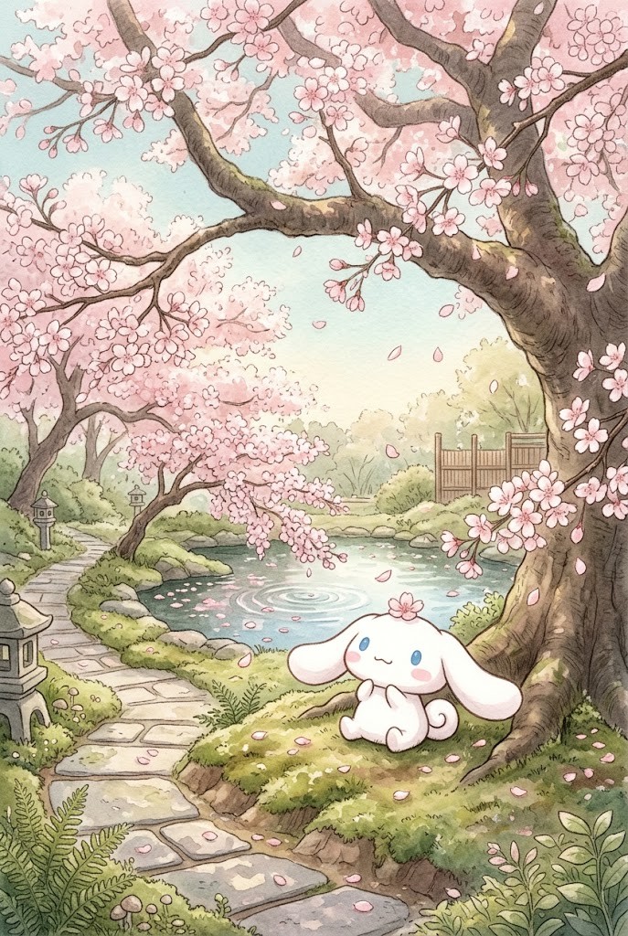 Cinnamoroll cherry blossom garden wallpaper with falling sakura petals