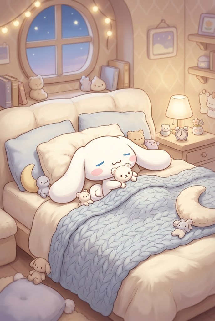 Cinnamoroll cozy bedroom aesthetic wallpaper with plush pillows