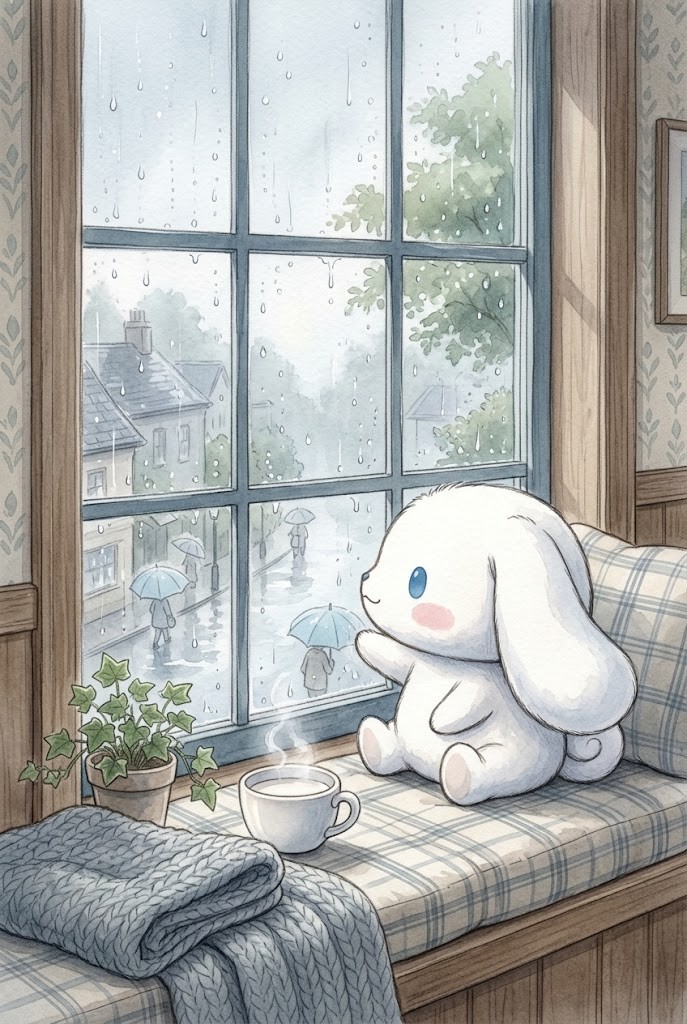 Cinnamoroll rainy window aesthetic wallpaper with hot cocoa