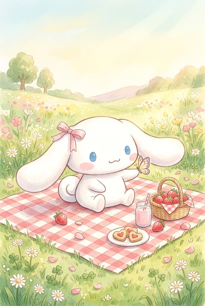 Cinnamoroll strawberry picnic aesthetic wallpaper with gingham blanket