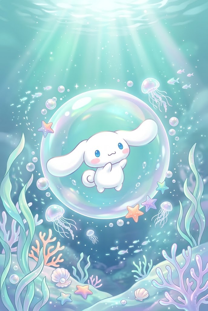 Cinnamoroll underwater bubble aesthetic wallpaper with pastel fish