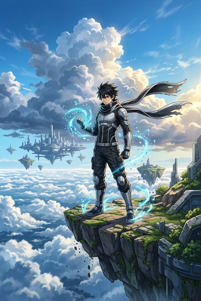 Anime hero standing on floating island city 4K wallpaper