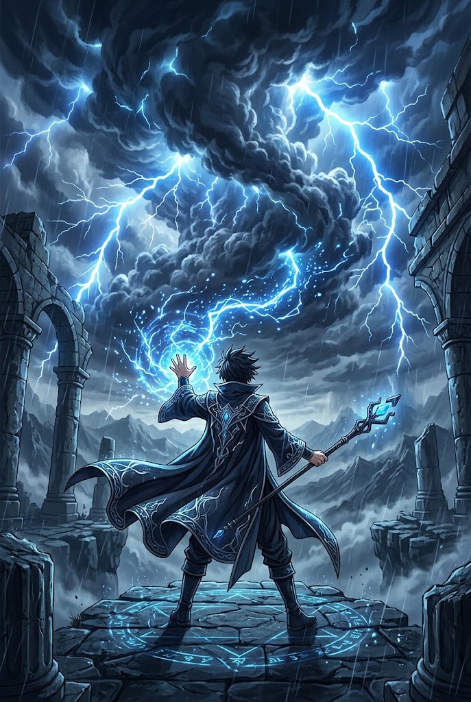 Anime sorcerer casting lightning magic in ancient ruins phone wallpaper