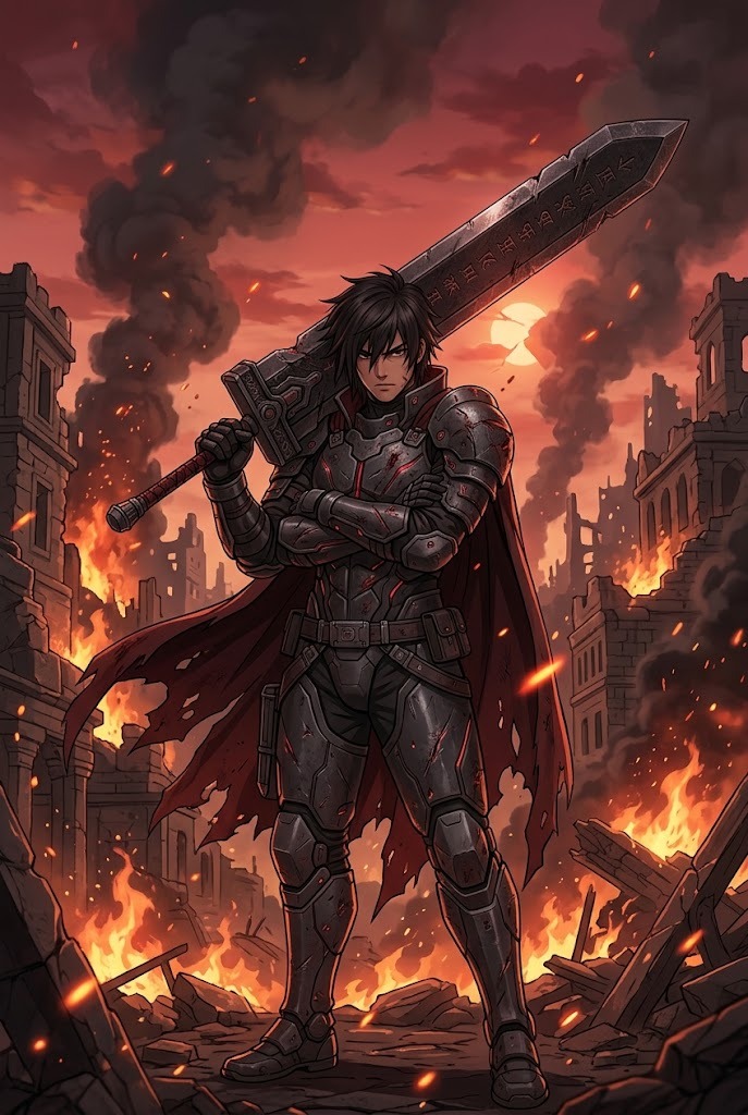 Cool anime wallpaper dark warrior in destroyed burning city ruins