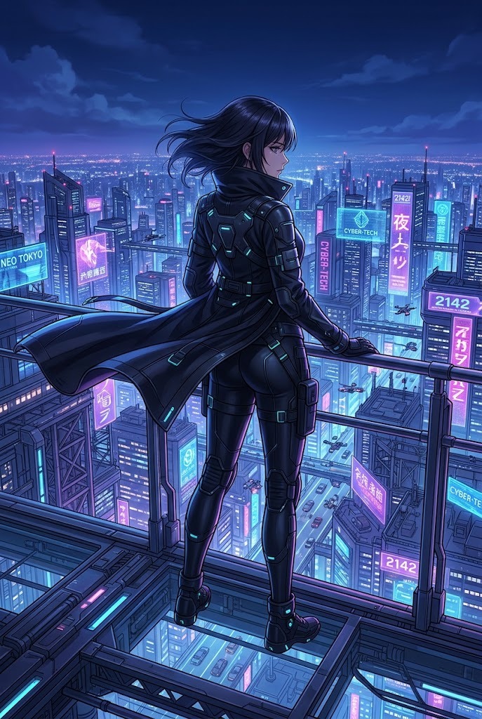 Cyberpunk anime woman overlooking futuristic neon city skyline at night