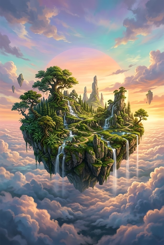 Floating island fantasy wallpaper with waterfalls tumbling into the void