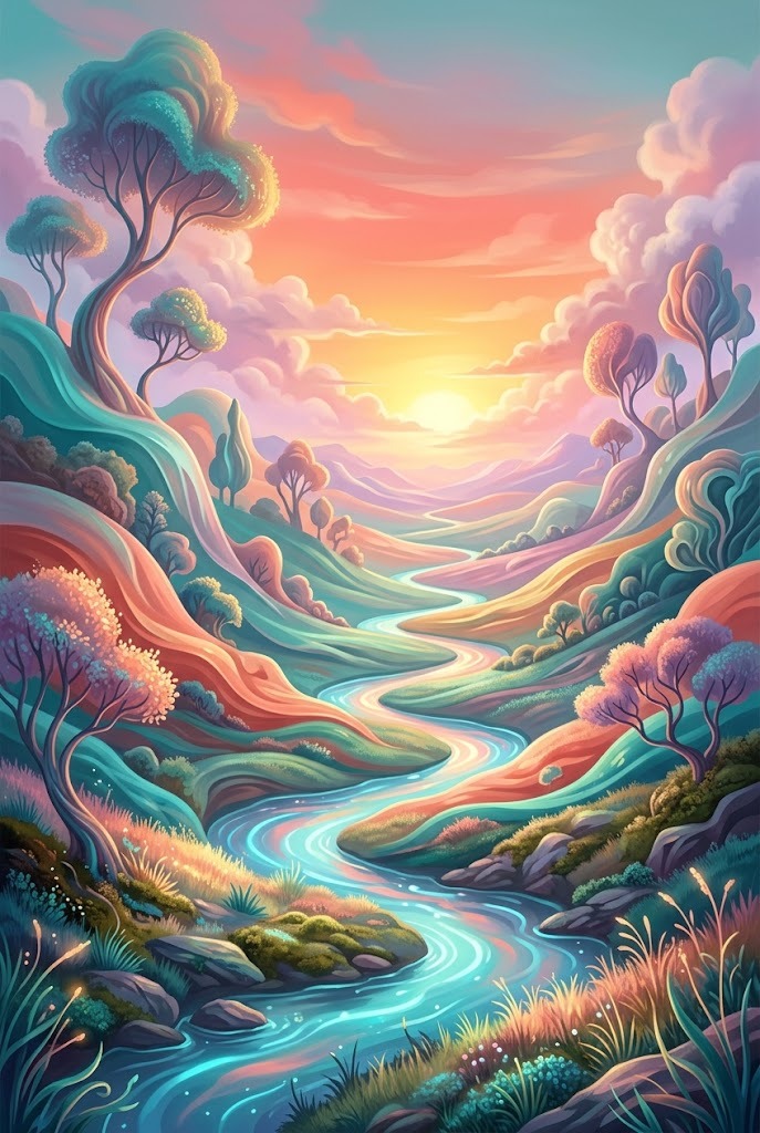 Pastel sunset dreamscape wallpaper with artistic surreal hills
