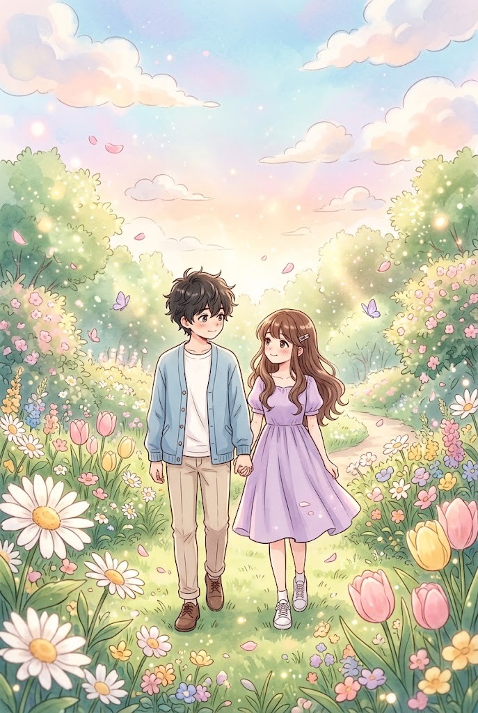 Anime couple spring flower garden fantasy wallpaper