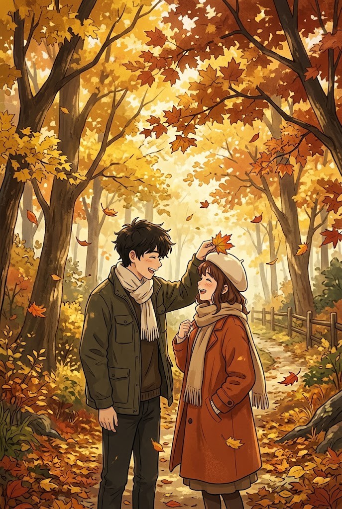 Cute anime couple autumn maple forest walk wallpaper