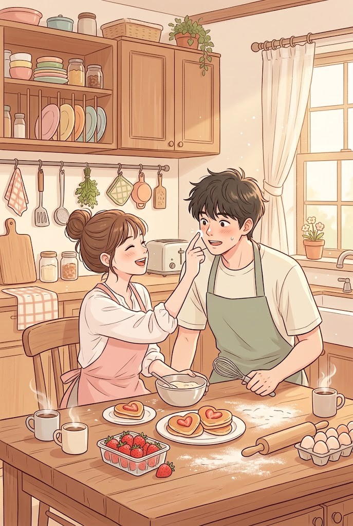 Cute anime couple cooking kitchen pancakes wallpaper