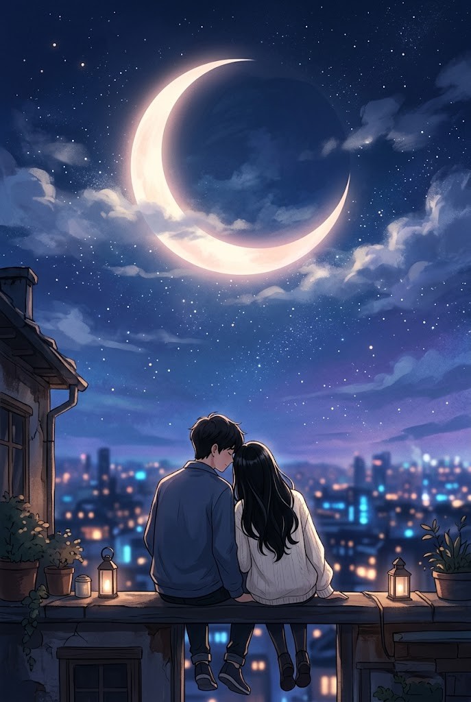 Cute anime couple rooftop crescent moon night wallpaper