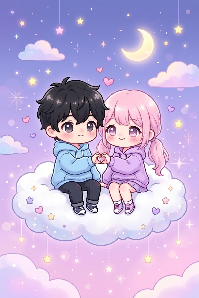 Cute chibi couple cloud pastel kawaii wallpaper