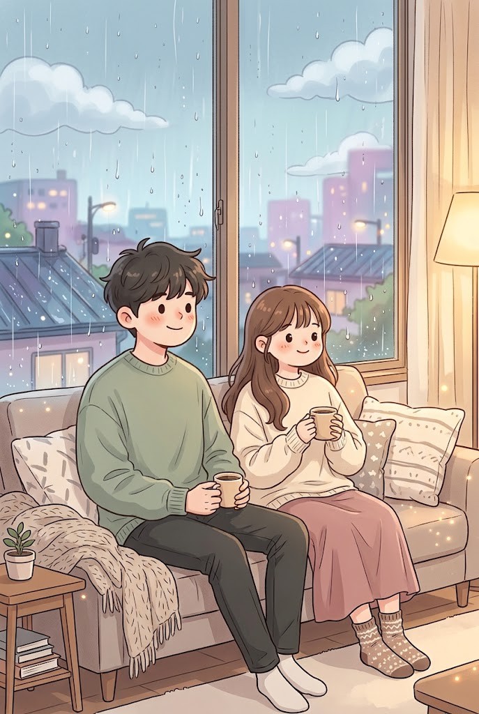 Cute couple rainy day window Korean cartoon wallpaper