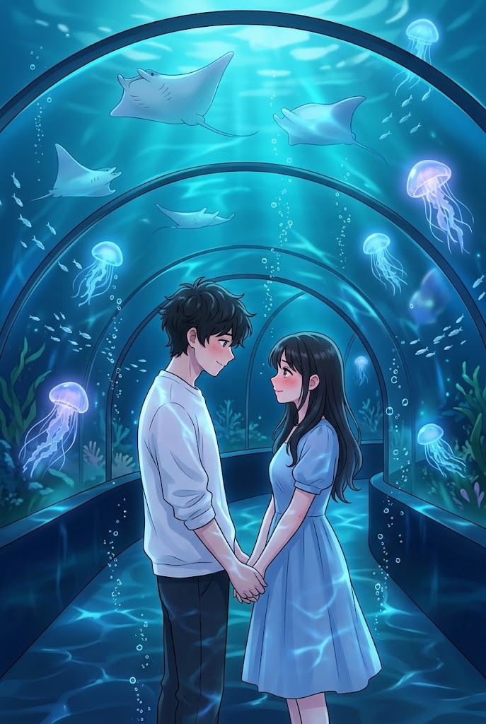 Romantic anime couple underwater aquarium tunnel glowing jellyfish wallpaper