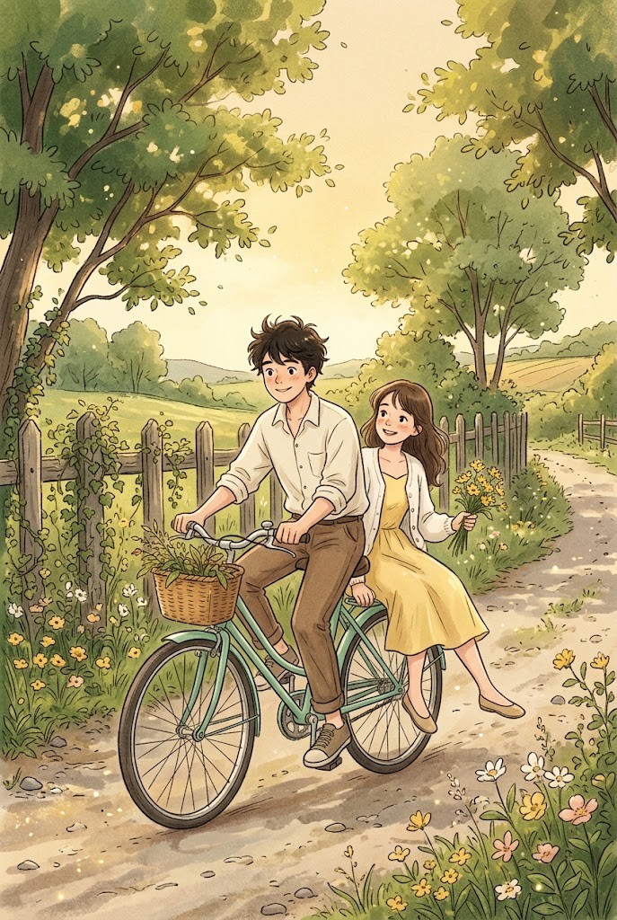 Romantic couple vintage bicycle countryside cartoon wallpaper