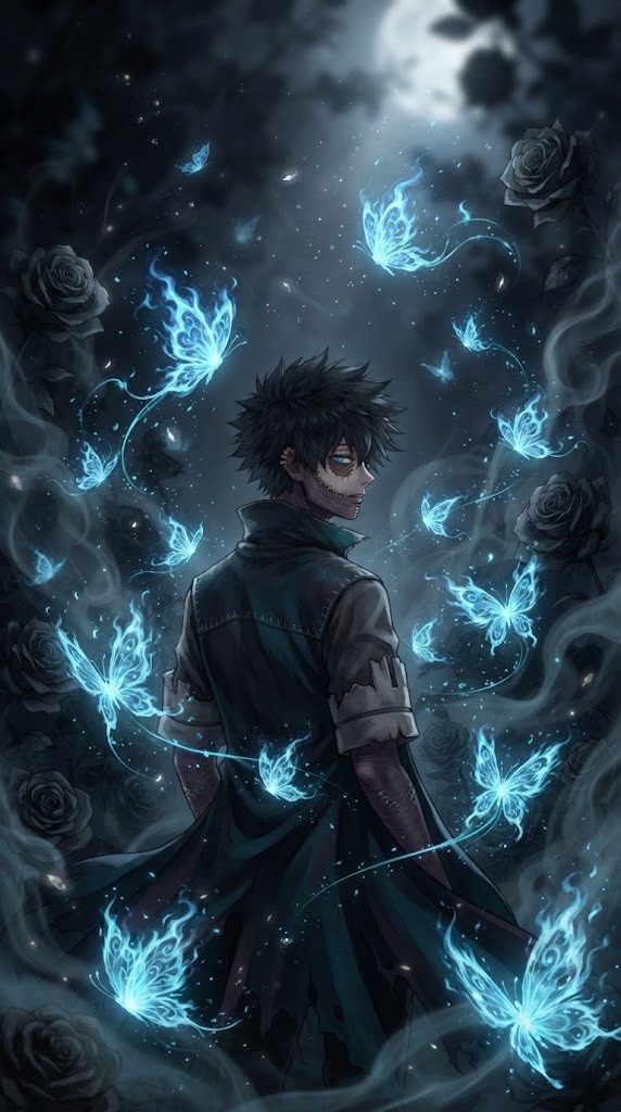 Dabi wallpaper with glowing blue flame butterflies in the dark